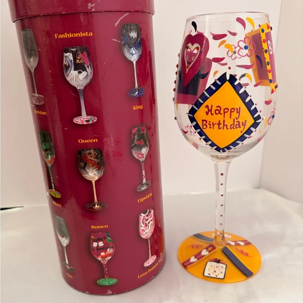 Lolita Happy Birthday Hand-Painted Wine Glass - Yellow, Pink, Blue